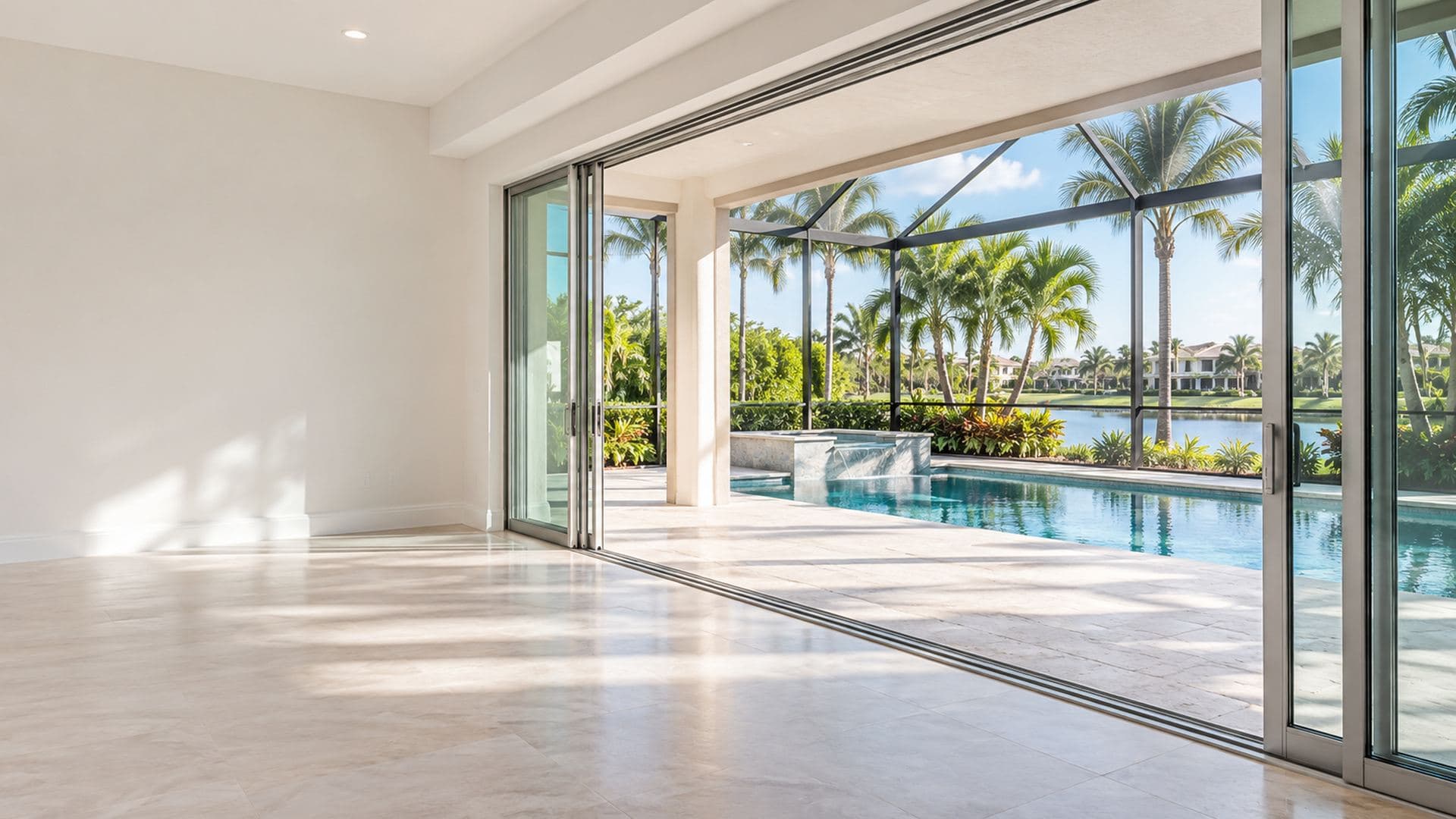A bright living room with wide aluminum-framed sliding glass doors open onto a screened pool patio with palms.