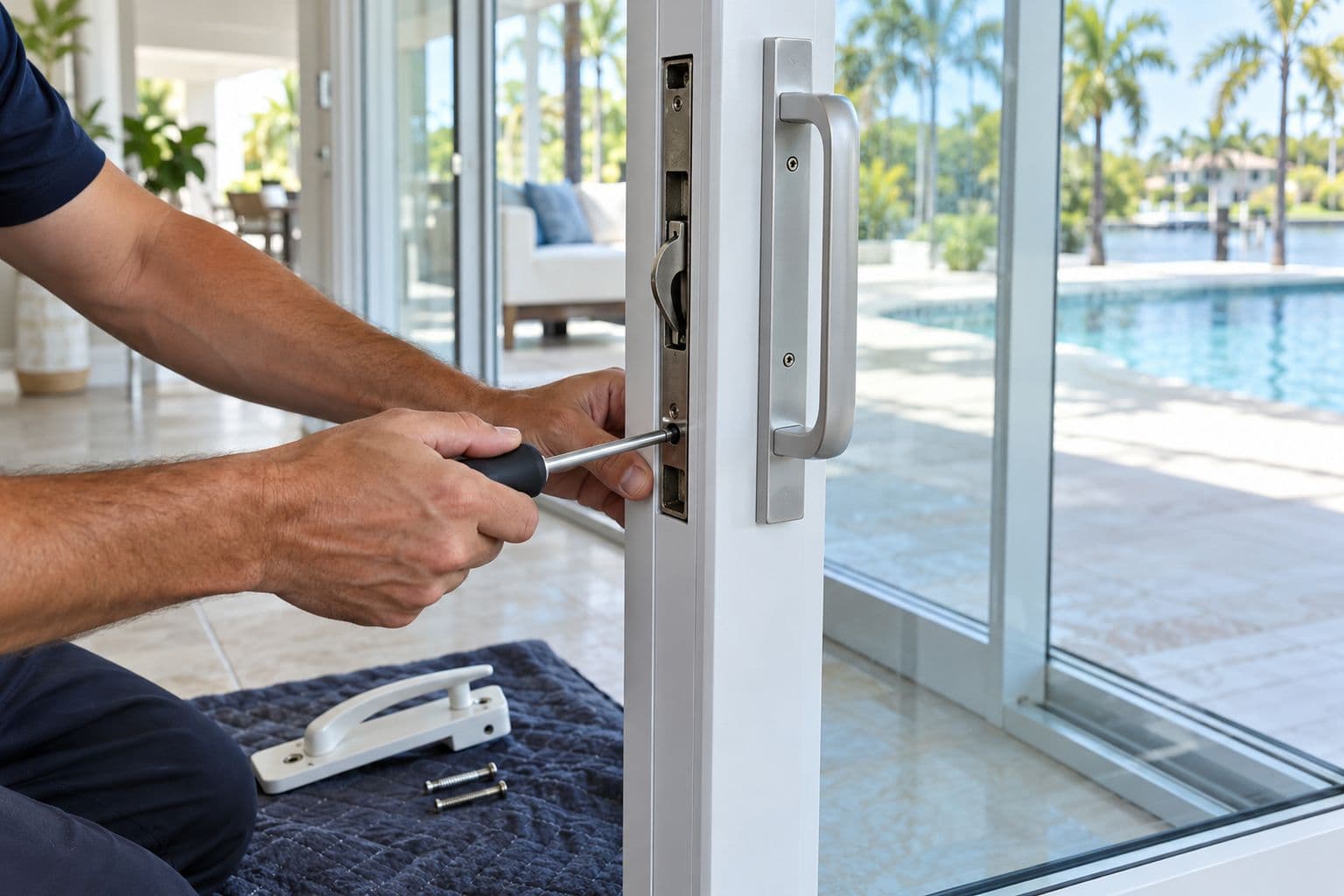 A technician fitting a new mortise lock and handle set to the edge of a white sliding glass door, the old handle on the floor.