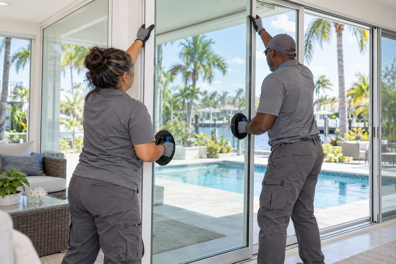 Two technicians lifting a tall sliding glass door panel with suction cups to re-seat it in its track inside a bright room.