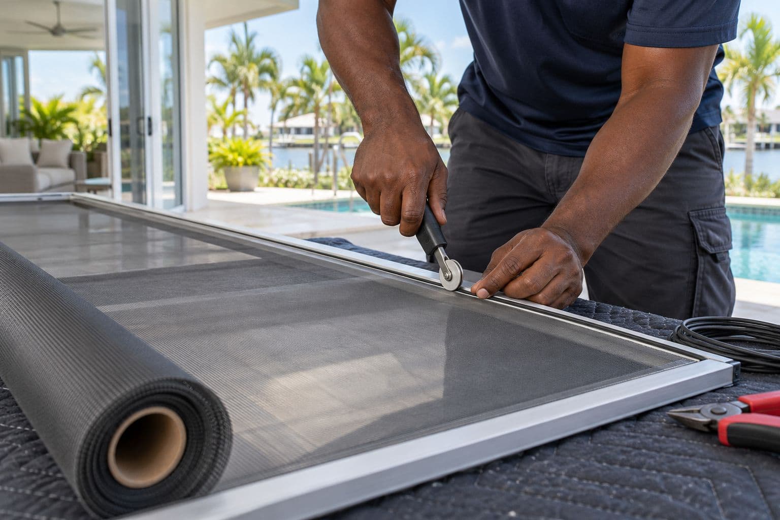 A technician rolling new mesh into a sliding screen door frame with a spline roller on a patio table, palms and a pool in the background.