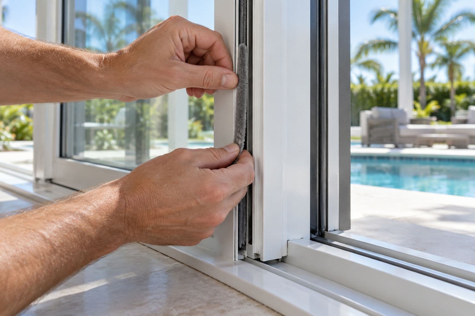 Hands pressing new pile weatherstrip into the interlock groove of a sliding door that is open a few inches, the sill clean and dry.